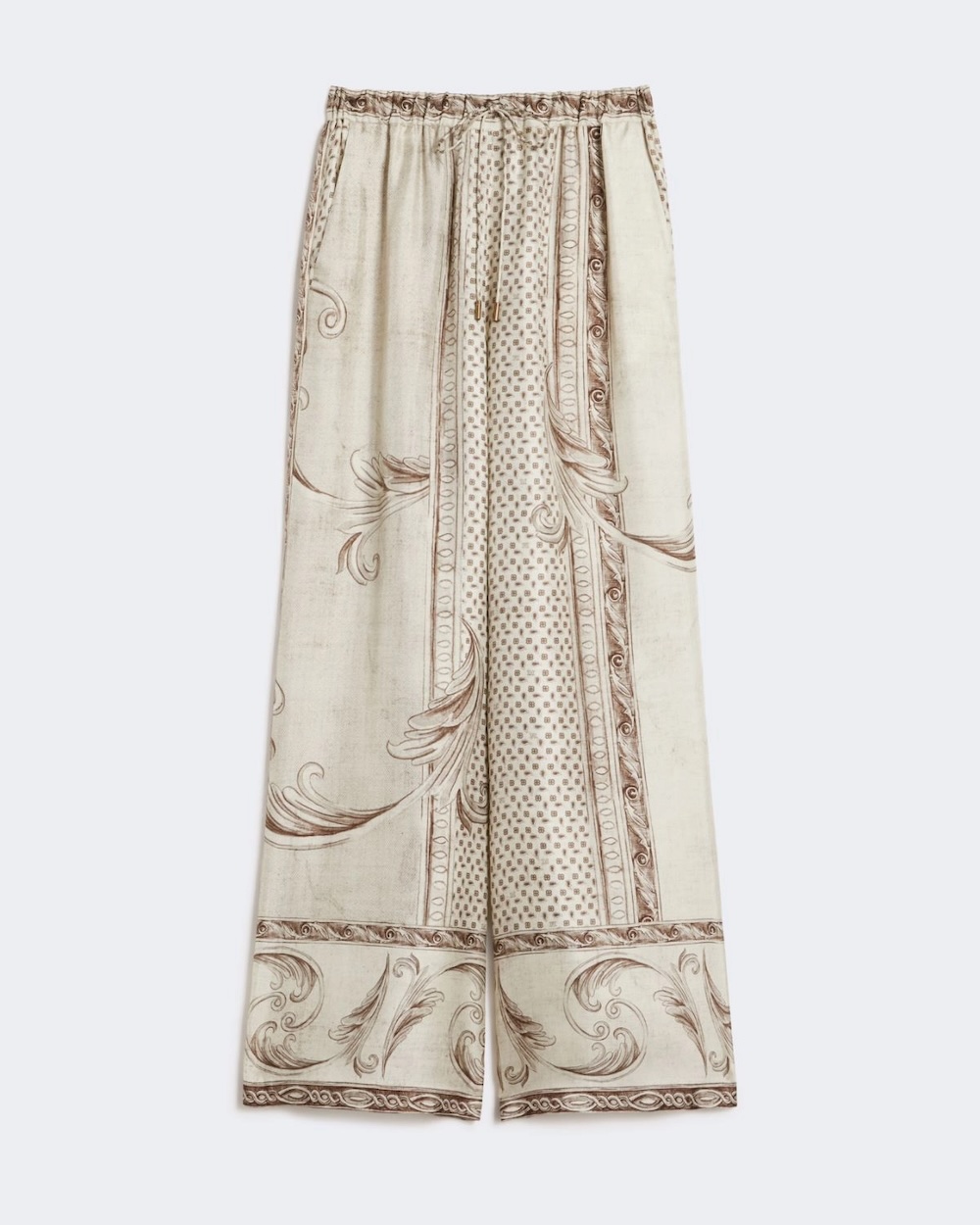 Calças fluidas em seda estampada