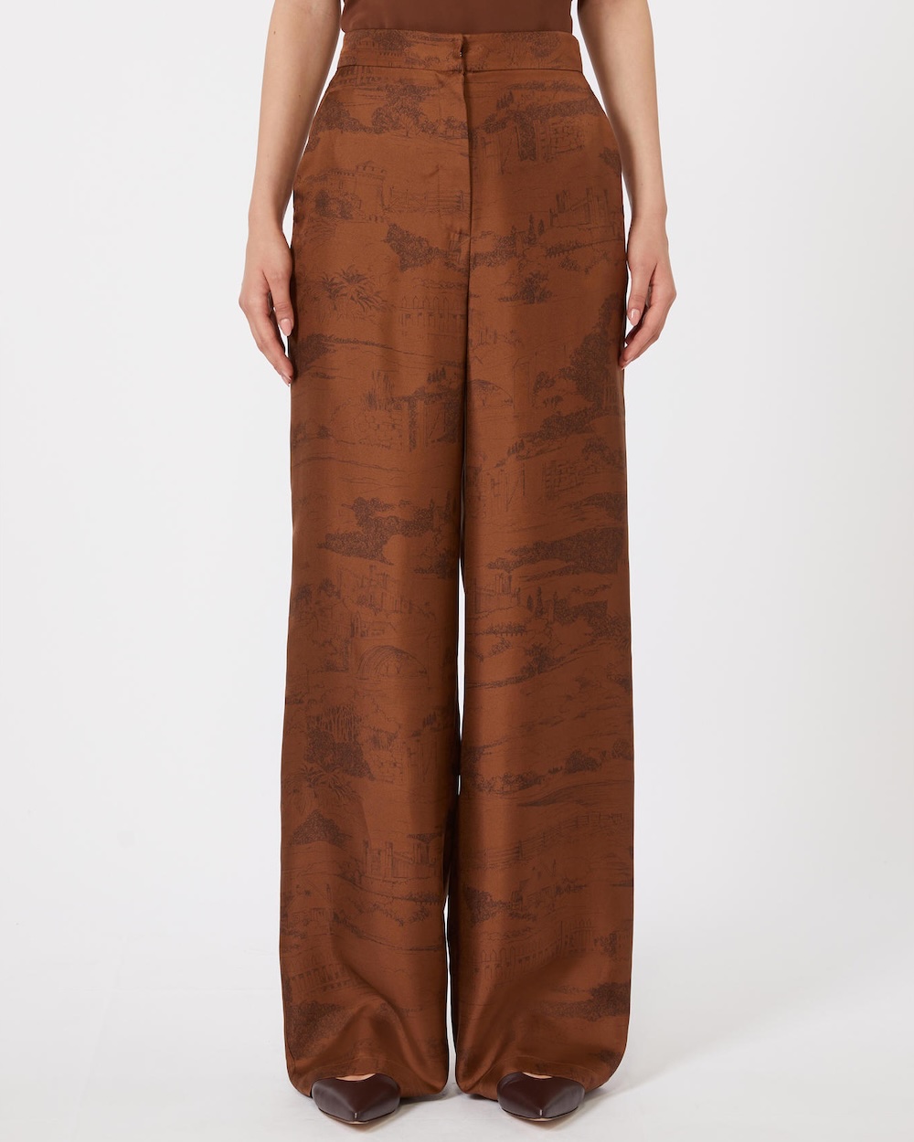 Calças em sarja de pura seda estampada