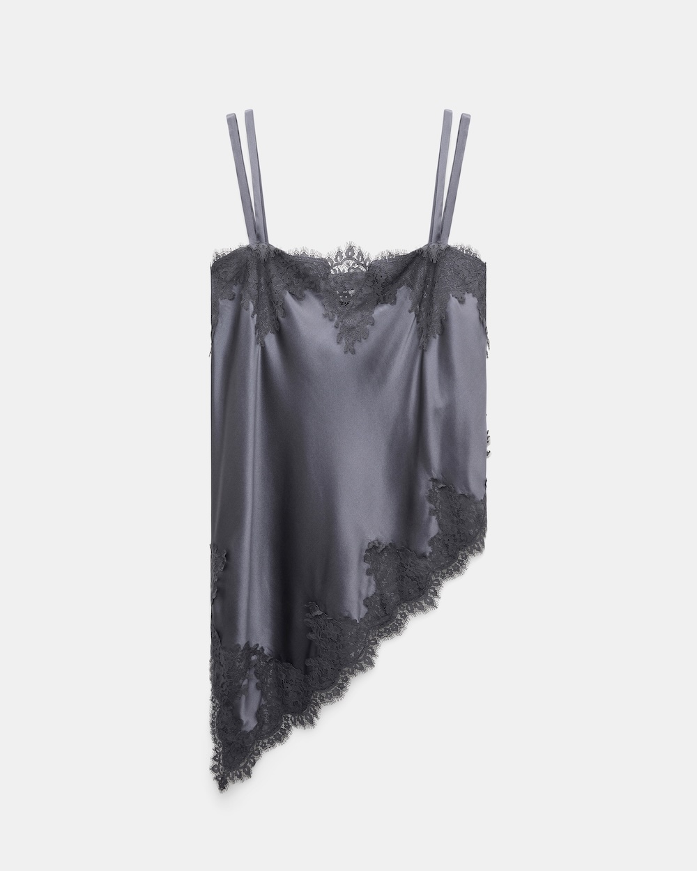 Top em cetim com bainha diagonal em renda